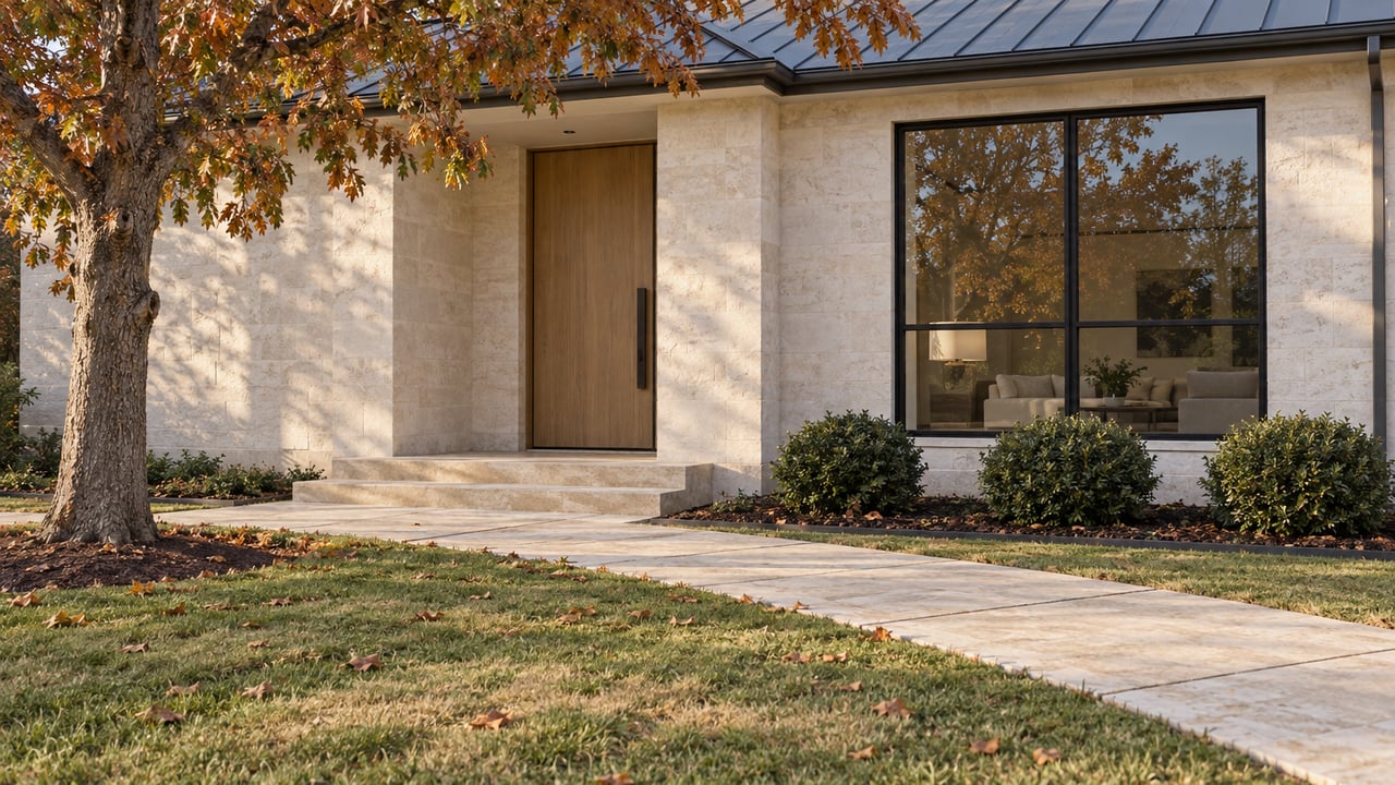 Limestone home with a recessed oak entry, black steel window, broad front lawn, and russet-leaved oak in afternoon light.
