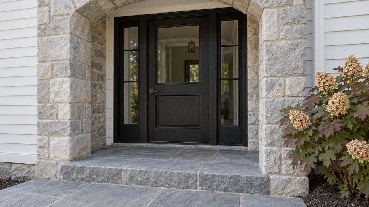 White-sided home with an arched limestone entry, black front door, paired sidelights and a worn bluestone porch beside oakleaf hydrangea.