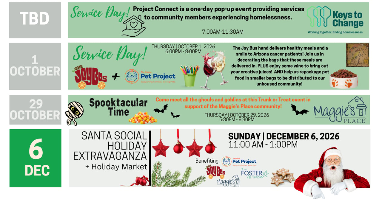2026 community event schedule featuring service days, a Halloween event, and a Santa Social holiday market.