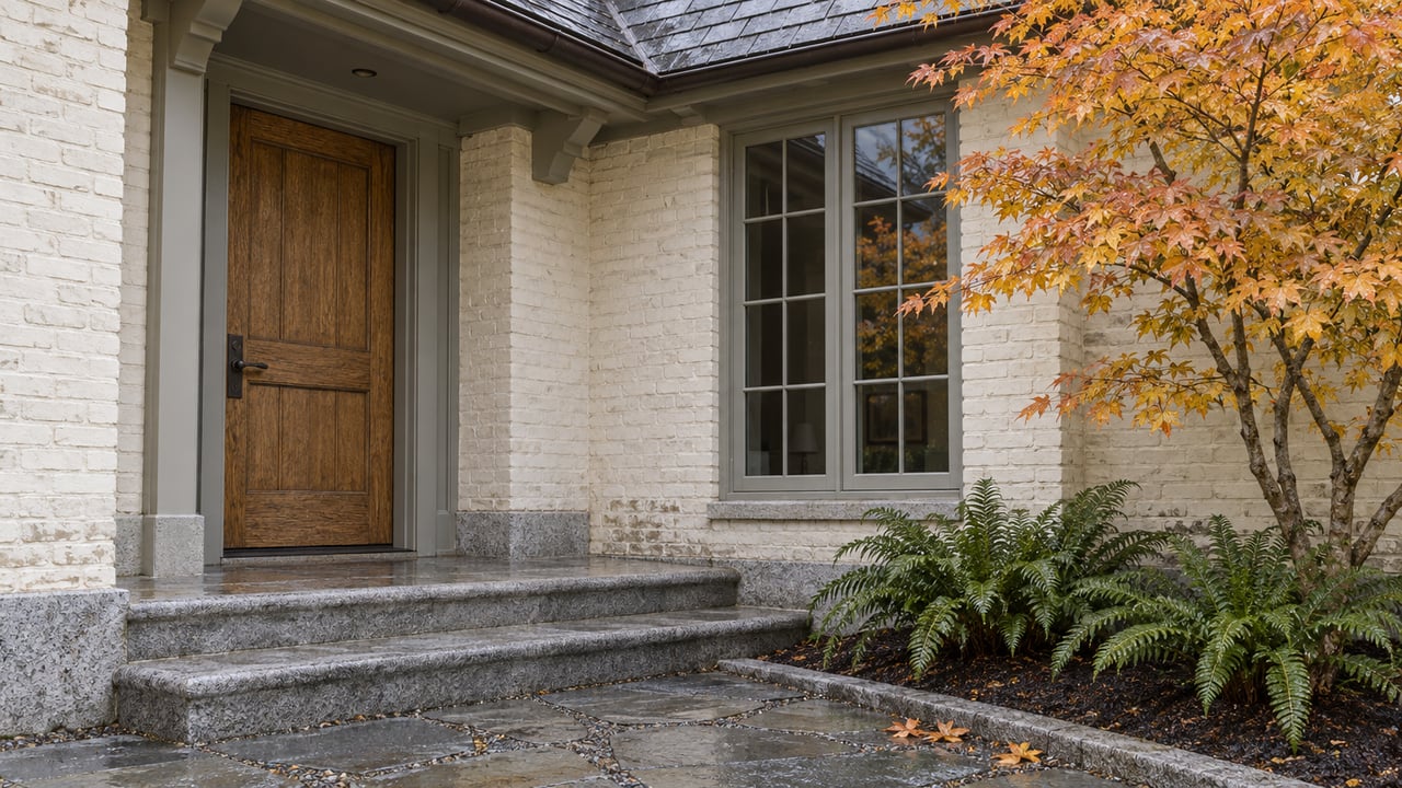 Rain-darkened granite steps lead to an oak entrance beside ivory brick and a divided window, with autumn vine maple and sword ferns.