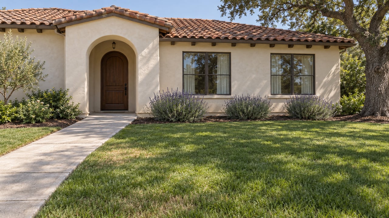 A clay-tile-roofed stucco home with a recessed arched entrance, deep front lawn and mature oak in afternoon light.