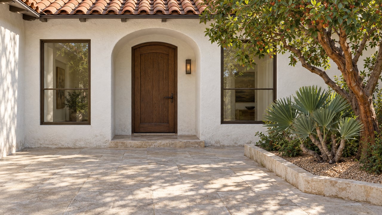 White stucco courtyard entry with a dark oak arched door, clay roof tiles and sculptural planting beside limestone paving.