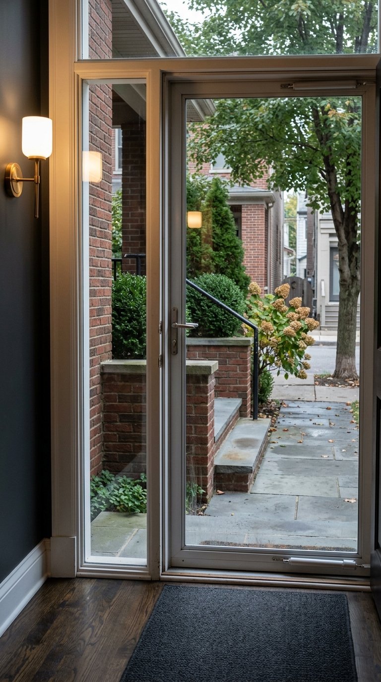 Entry hall looking through a glass storm door onto a damp brick stoop and bluestone walk.