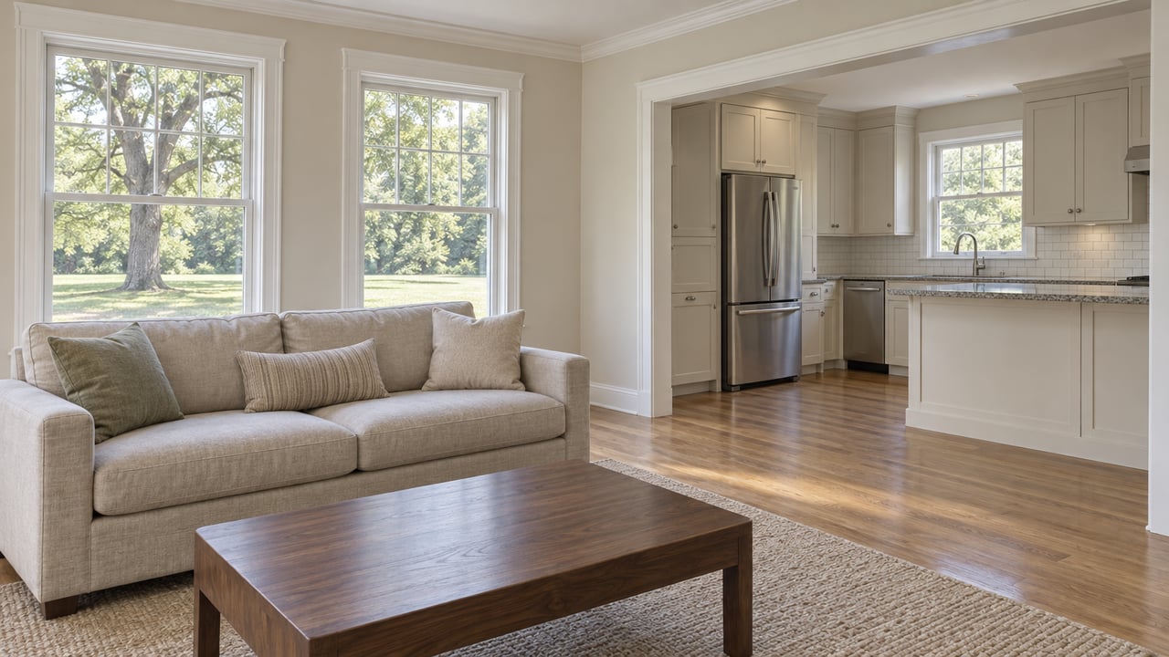 Bright family room with divided-light windows, an oatmeal sofa and pale oak flooring opening into a white-cabinet kitchen.