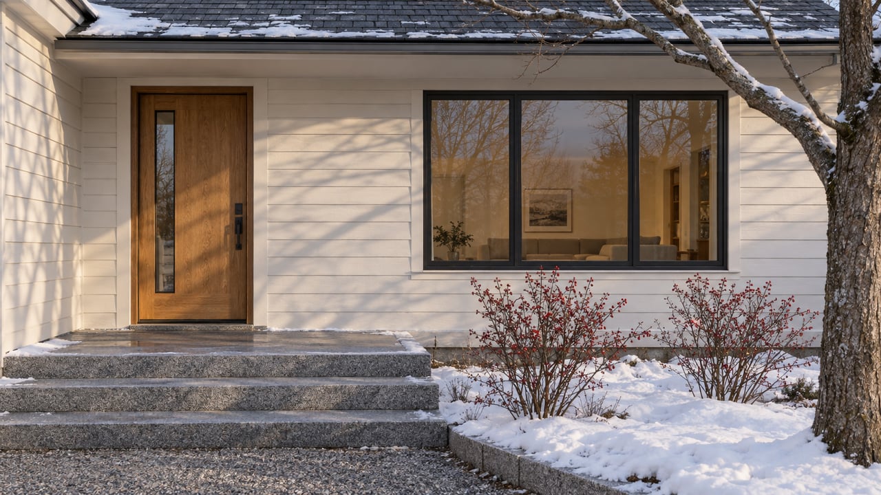Winter morning light on an off-white sided home with an oak front door, broad window, granite steps and snow-edged planting beds.