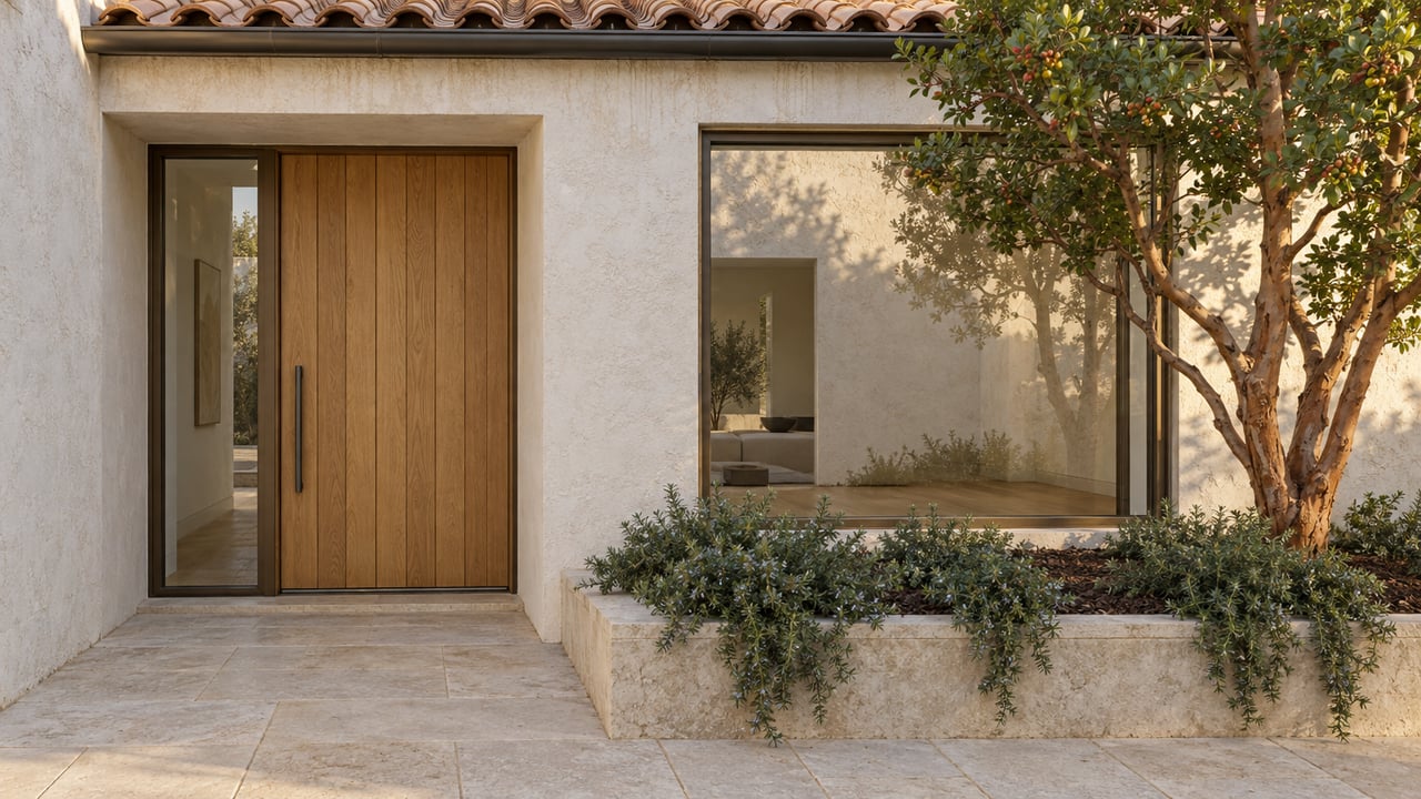 Sunlit stucco home entry with an oak door, bronze-framed window, limestone courtyard and a raised bed containing a strawberry tree and trailing rosemary.