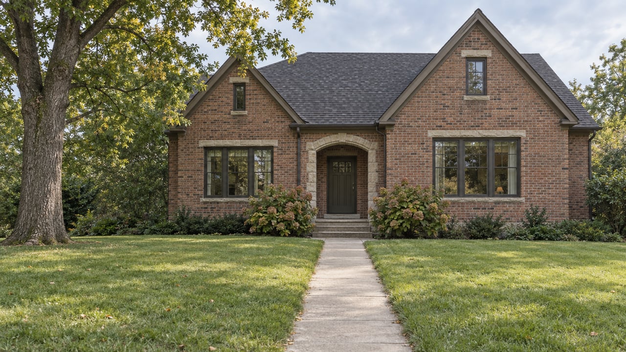 Brick house with a recessed front door, broad lawn, straight walkway, and mature oak at left.