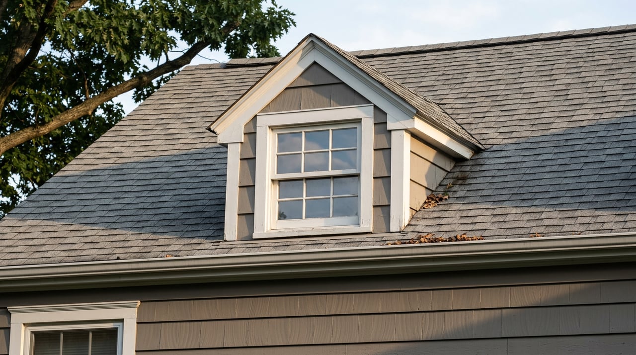 Gray-brown clapboard wall meets a shingled roof, where a white-trimmed dormer holds a six-pane window.