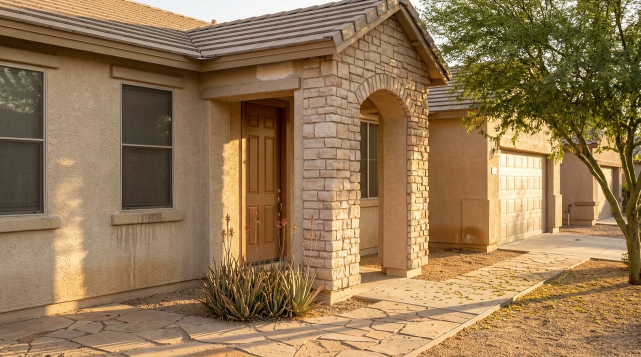 Stucco home entry with a stone-clad arch, wood-look door, tile roof, and red yucca beside a flagstone path.