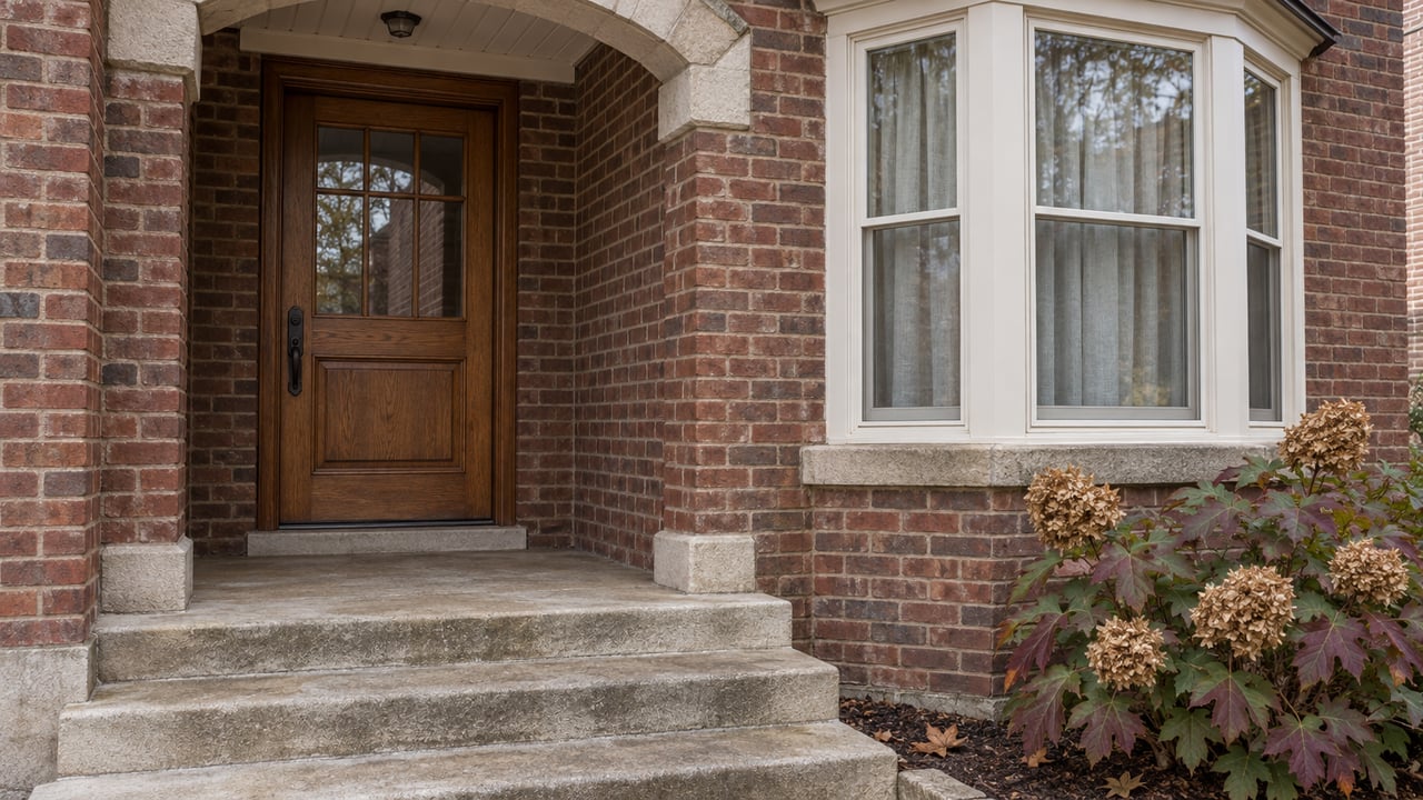 Russet brick home entry with a glazed oak door, limestone steps, ivory bay window and autumn oakleaf hydrangea.