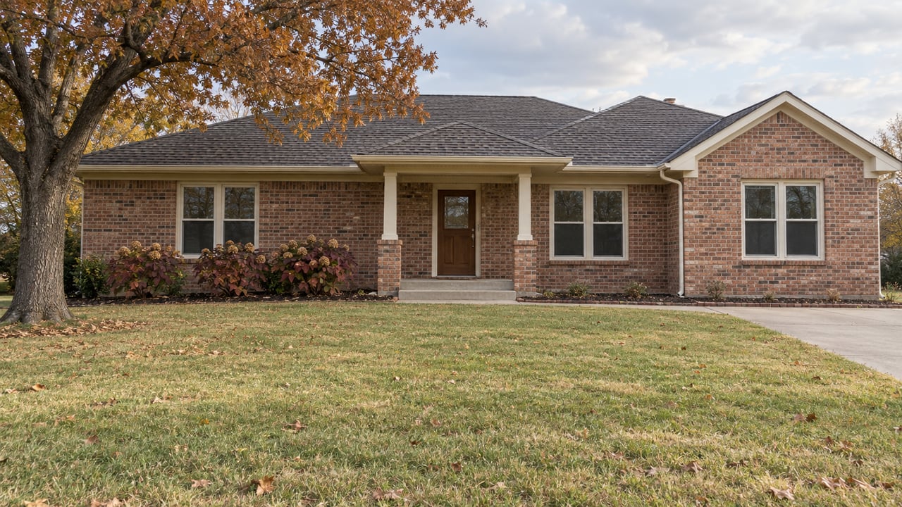 A red-brown brick ranch behind a deep autumn lawn, with an ivory-trimmed porch and mature white oak.