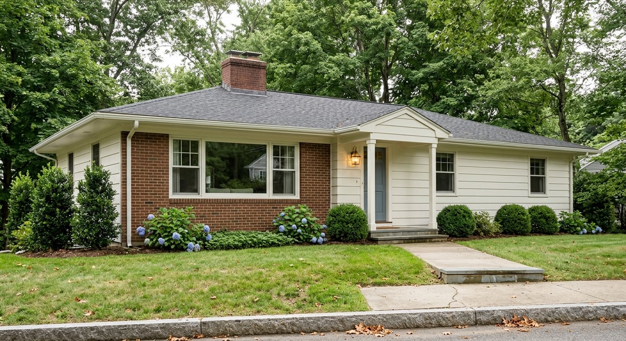 Low ranch house with white clapboard and red-brown brick, blue-gray door, broad lawn, and mature tree canopy.