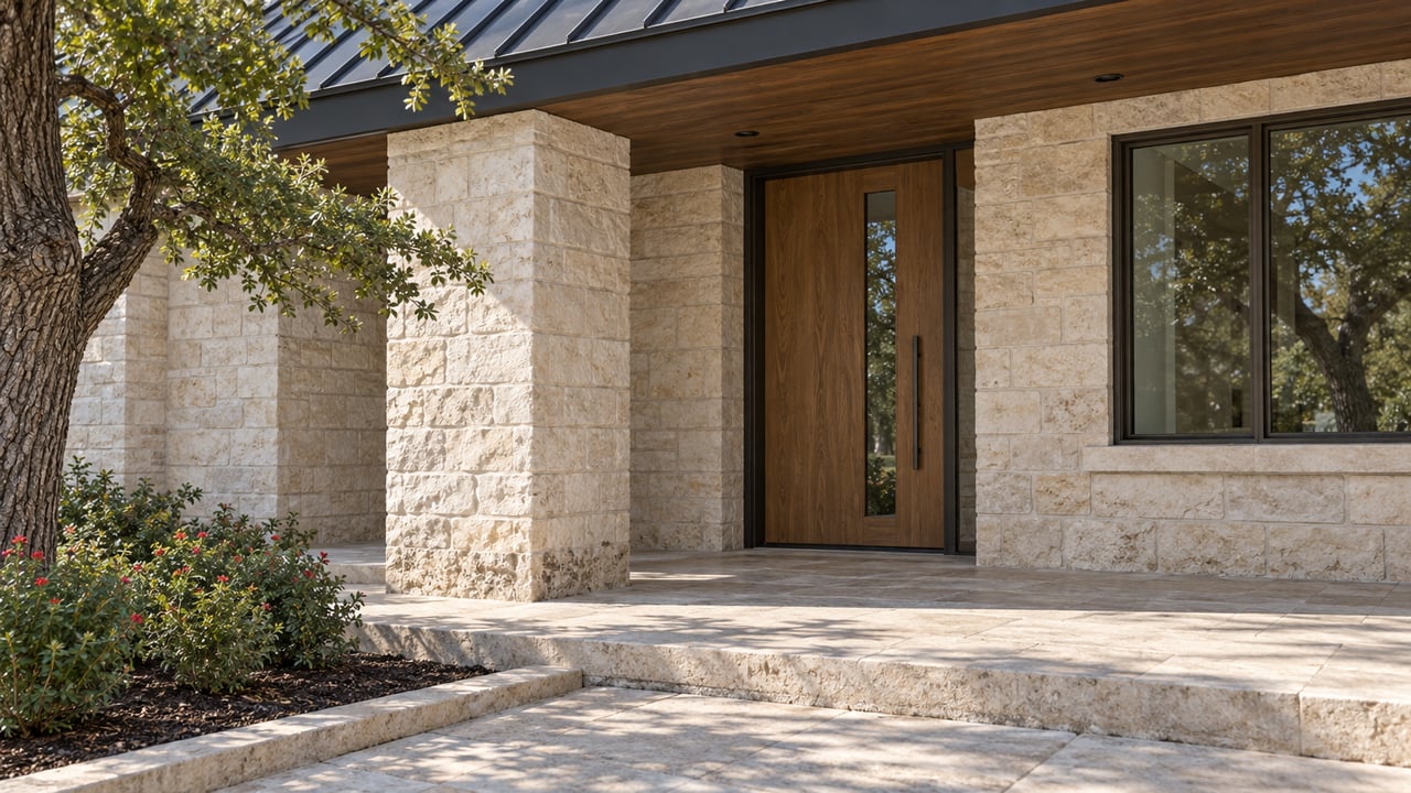 Covered limestone entry with a closed oak door, bronze-framed window, worn stone paving and a small flowering planting bed.