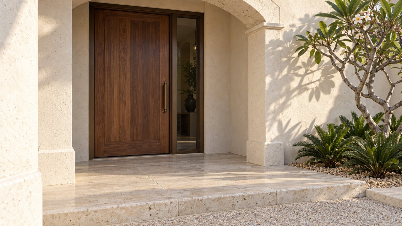 Closed walnut entry door beneath a stucco arch, with a narrow sidelight and limestone steps.