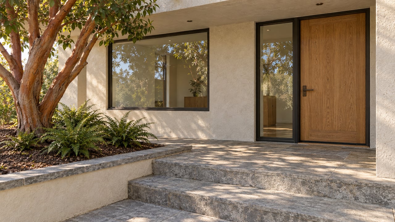 Covered contemporary home entry with an oak door, slim-framed glazing, limestone steps, and a sculptural strawberry tree.