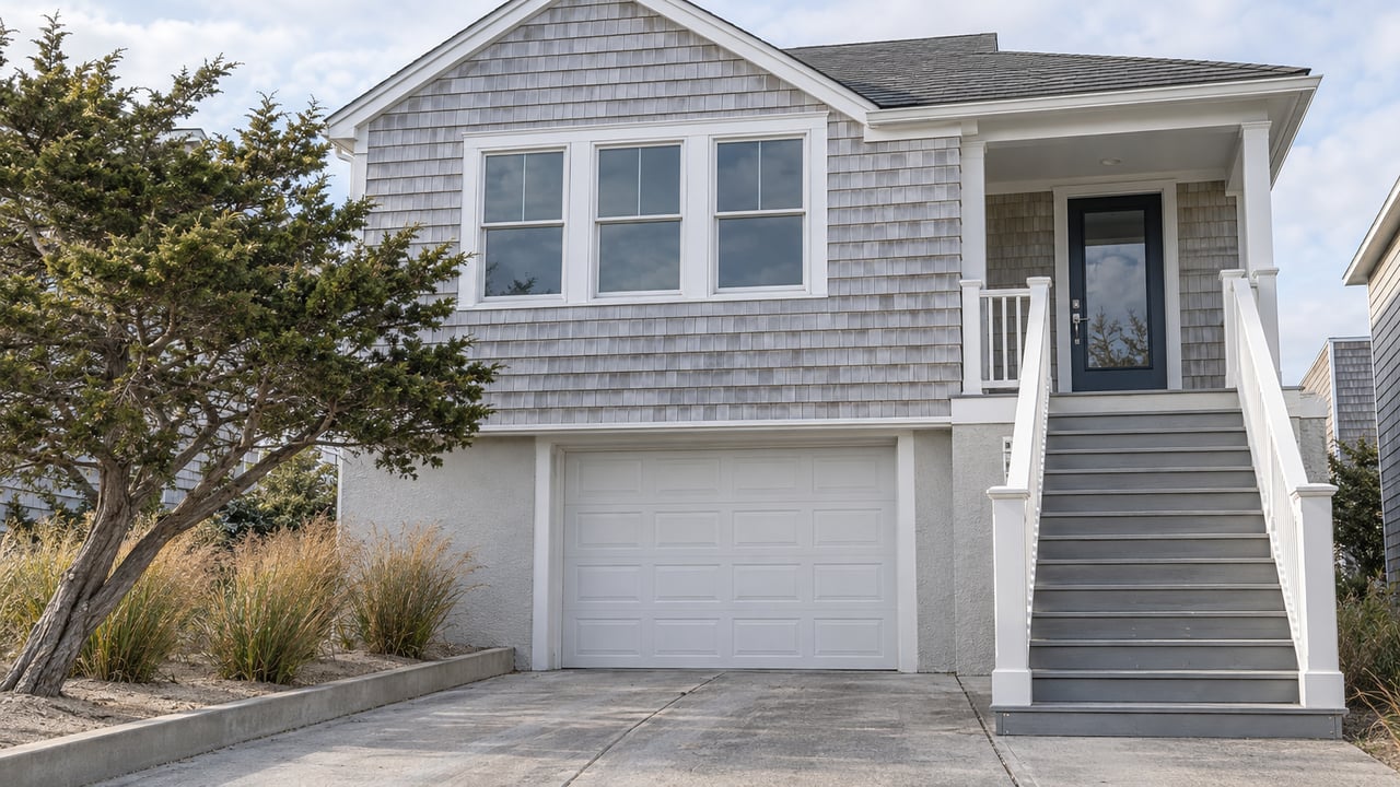 Pale-gray shingle home with a raised navy entry door, white-railed stairs and a concrete driveway beside autumn grasses.