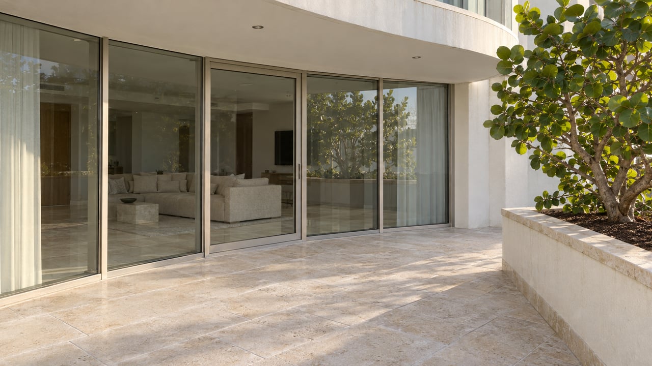 Rounded white balcony above a limestone apartment terrace, with closed full-height glazing and a single sea grape tree in a raised planter.