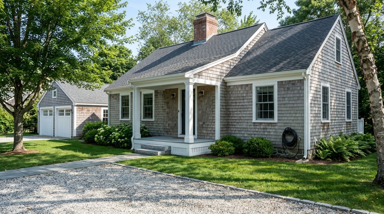 Weathered cedar-shingle cottage with a porch and detached garage beyond a deep lawn and driveway.