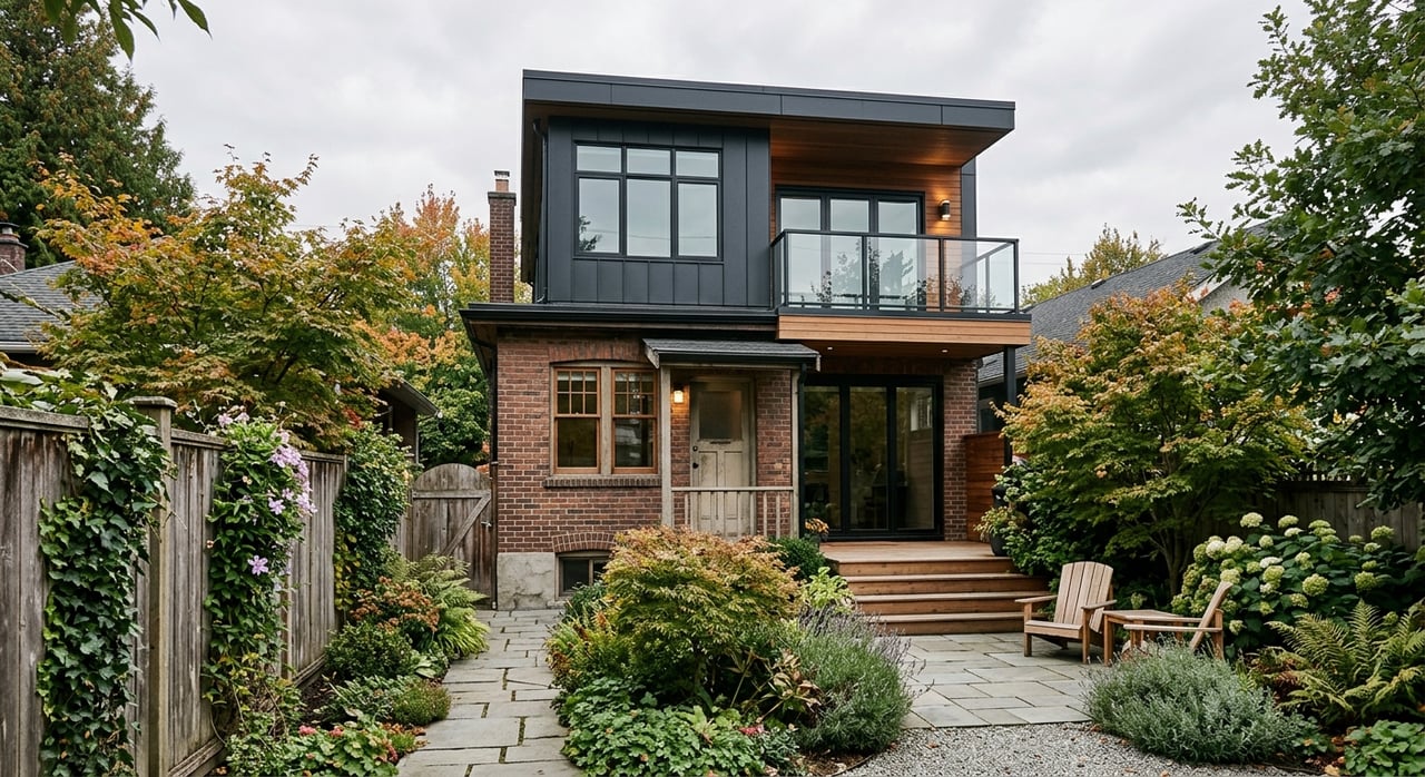 Rear elevation of a brick bungalow with a gray stucco pop-top, black-framed glass doors, and patio.