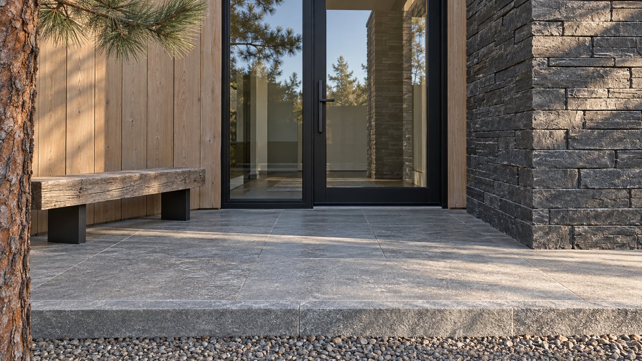 Close view of a contemporary home's glazed entrance, weathered wood bench, dark stone pier and granite landing beside a ponderosa pine.