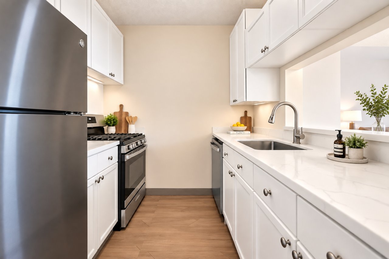 Bright kitchen with white cabinetry, stainless steel appliances, a double sink, and warm wood flooring.