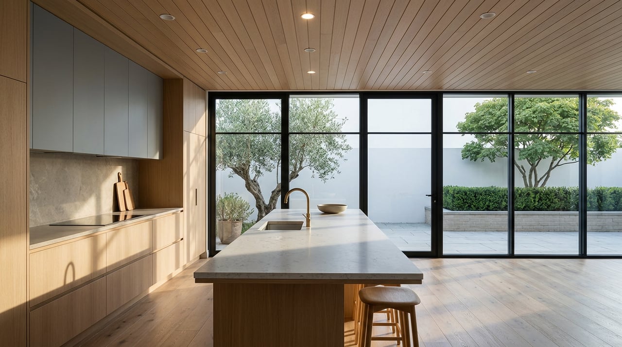Oak kitchen island with a ceramic bowl and cutting board, striped by evening light from black-framed windows.