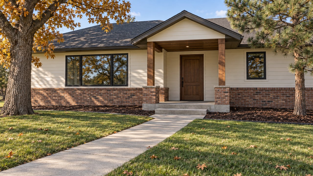 An ivory-sided single-story home with black-framed windows, a timber entry, and an autumn lawn beneath mature oak and pine trees.