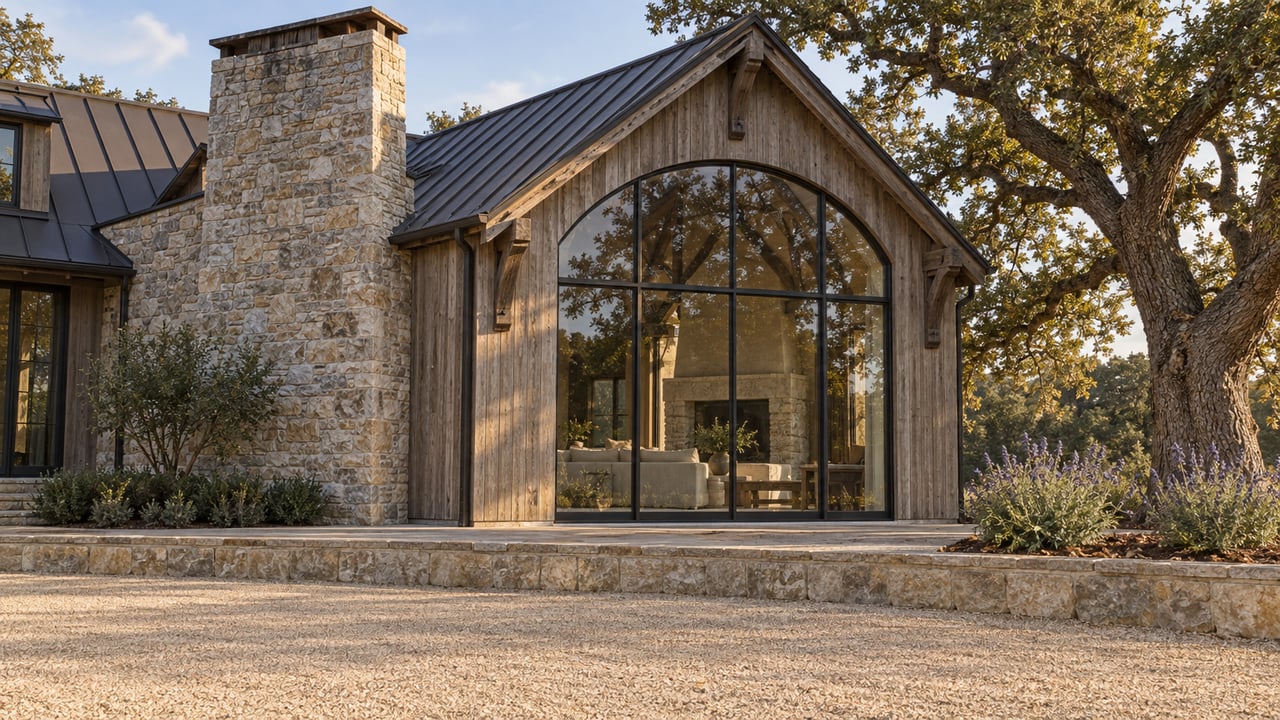 Low exterior view of a stone-and-timber home with an arched black-framed window, raised limestone terrace and mature oak.
