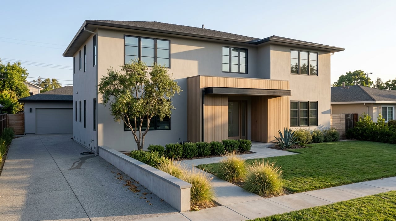 Contemporary two-story home with gray stucco, oak-toned entry siding, a curved walkway, and sculptural front-yard plantings.