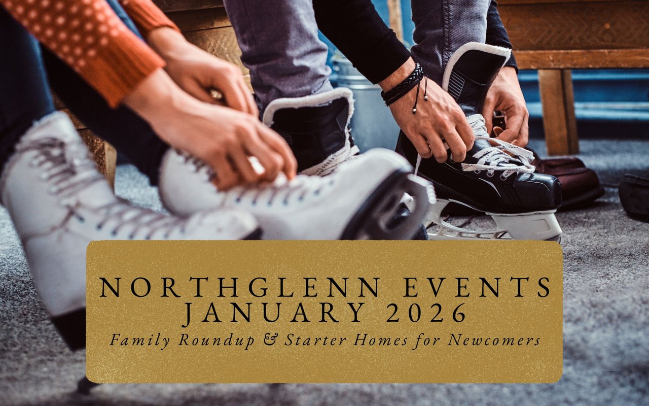 Joyful ice skaters gliding under string lights at Webster Lake Park Northglenn winter social, hot cocoa station visible.