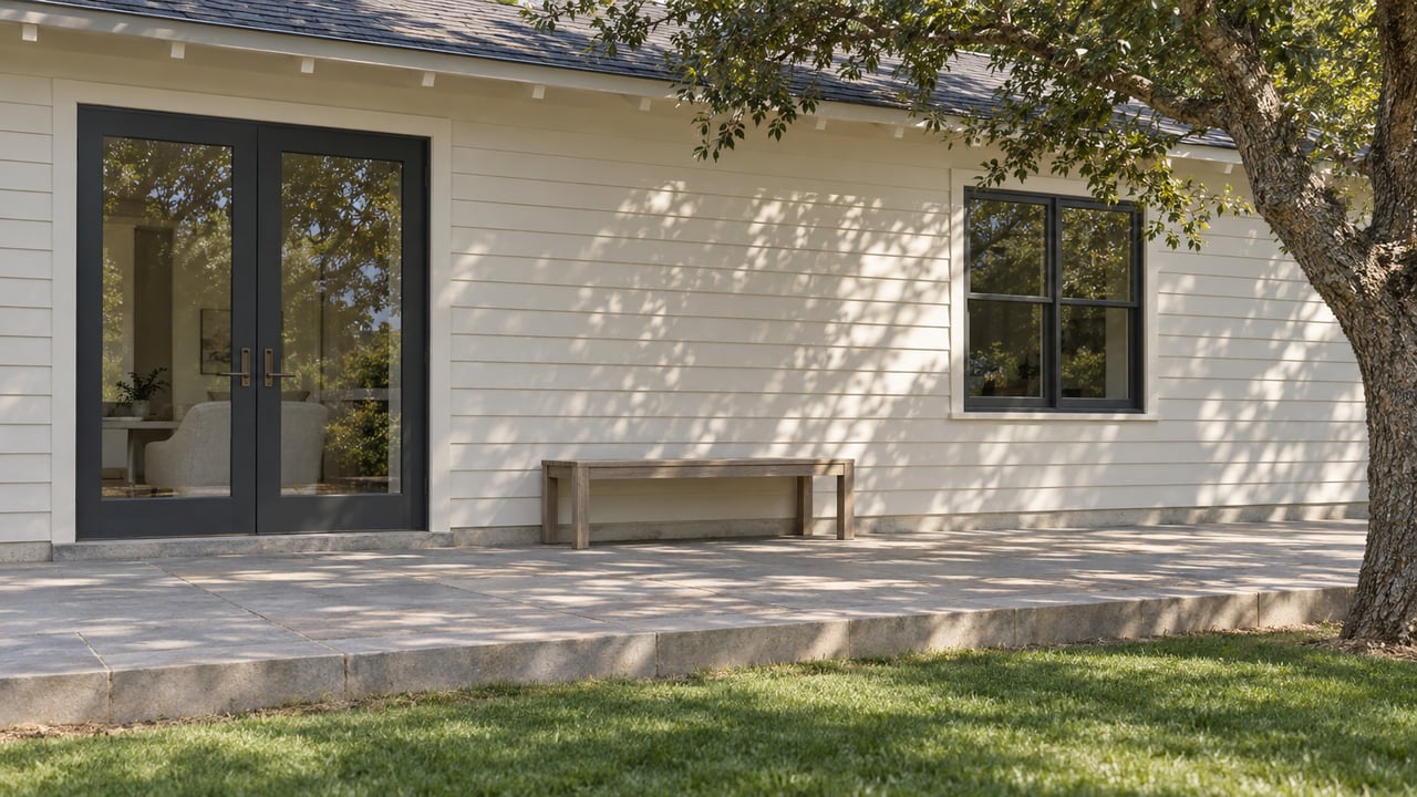 Ivory clapboard rear elevation with closed dark-framed glass doors, a limestone terrace, silvered teak bench, and a mature oak beside the lawn.