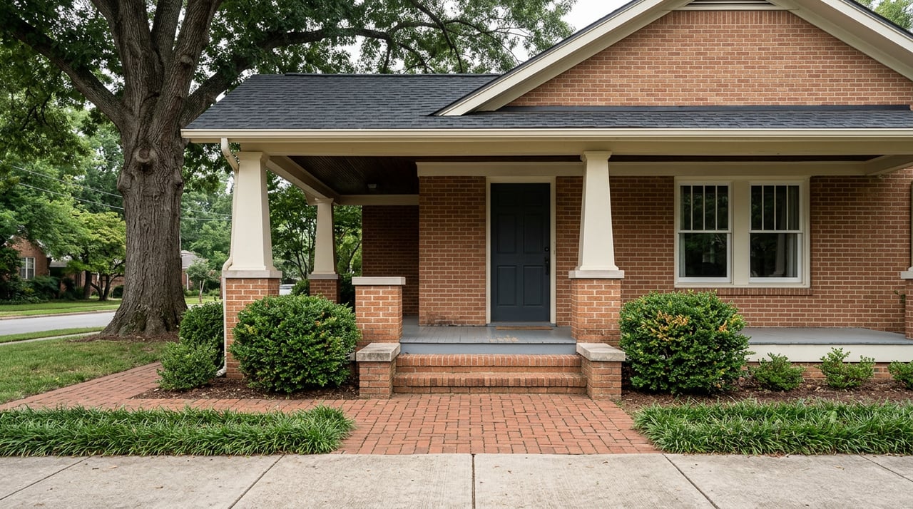 Craftsman porch with cream tapered columns, brick steps, and a Shumard oak canopy overhead.
