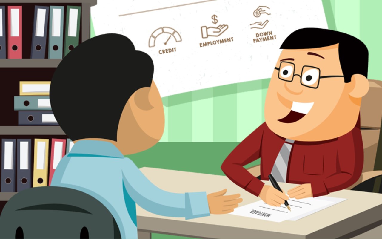 A loan officer discusses a mortgage application with a seated applicant; credit, employment, and down payment icons appear on the wall.