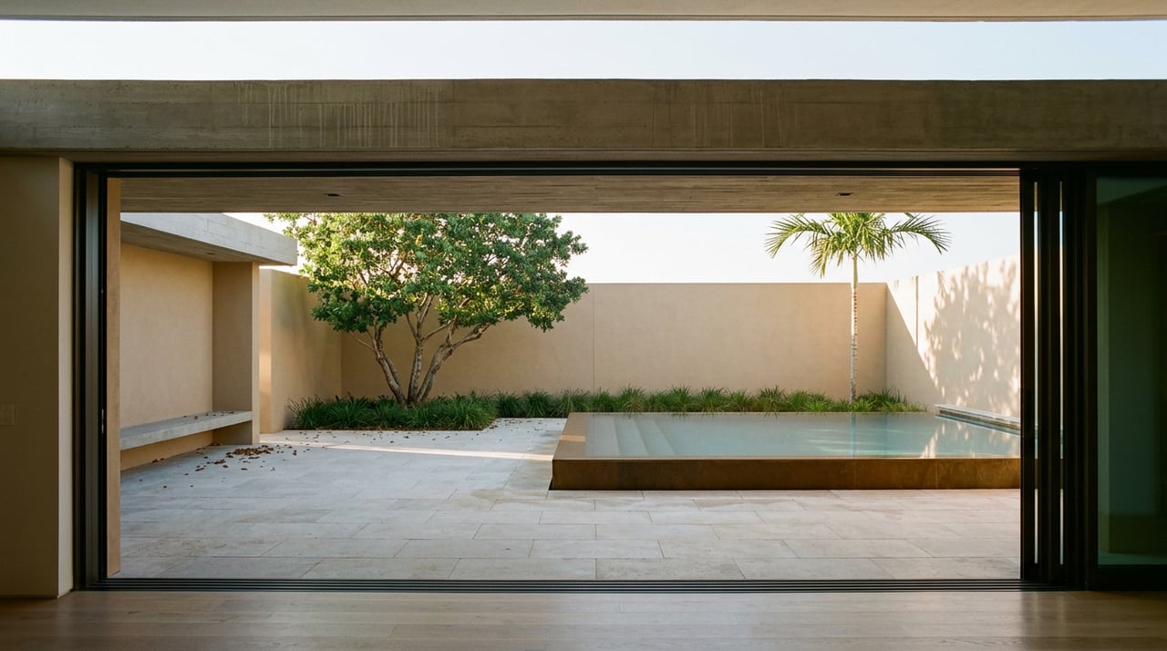Open loggia frames a courtyard pool, stucco wall, sculptural multi-trunk tree, and slender palm.