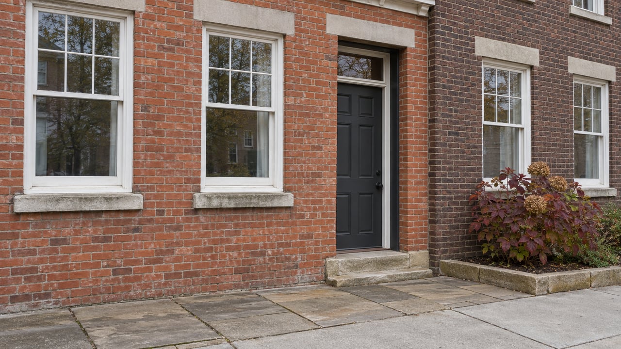 Two adjoining red-brick homes with white divided-sash windows, a charcoal recessed door, worn sandstone steps and an autumn oakleaf hydrangea beside the sidewalk.