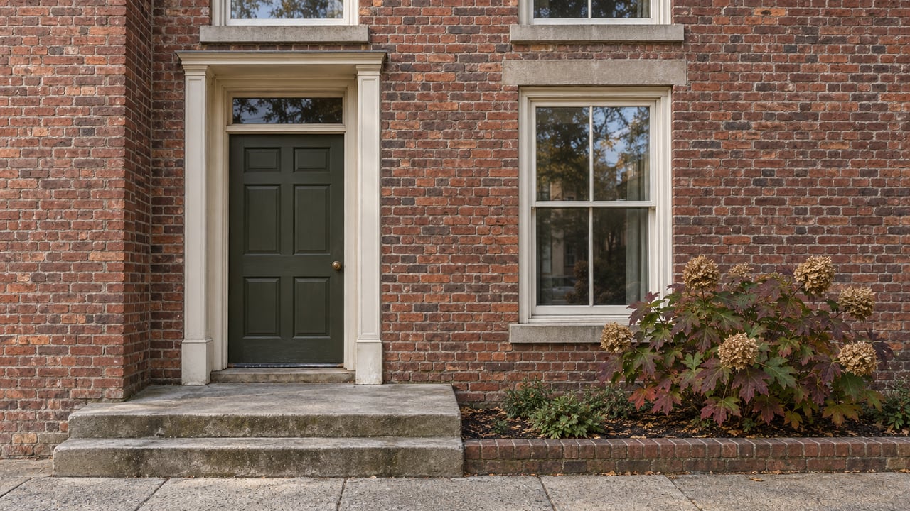 Weathered red brick home with an olive-painted front door, limestone steps, timber sash windows and autumn oakleaf hydrangea.