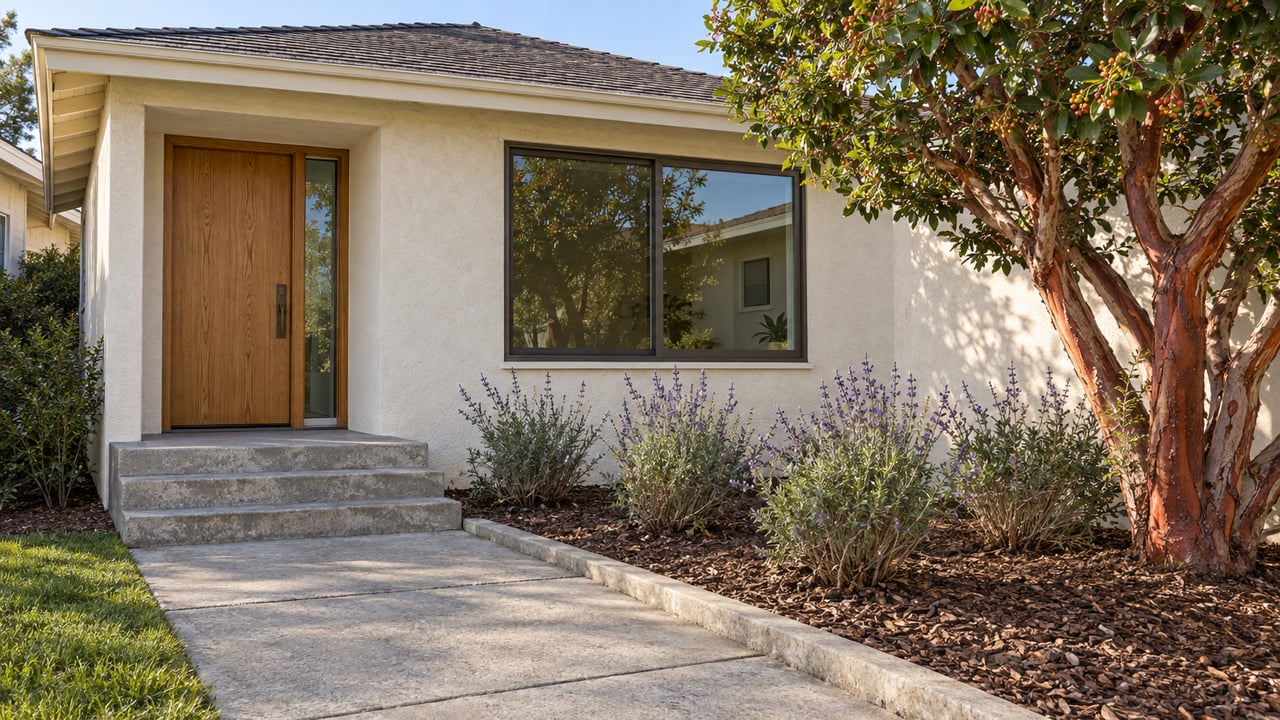 Morning sunlight across an ivory stucco home with an oak entry door, concrete steps and a strawberry tree beside a planted front walk.