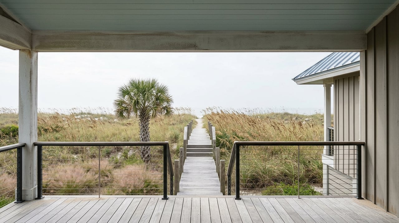 Elevated coastal porch with weathered decking and cable railing, overlooking sea oats and a boardwalk through the dunes.