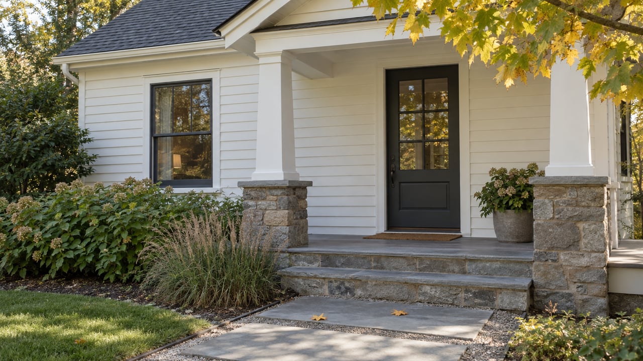 Off-white clapboard house with dark entry door, bluestone steps, and yellowing tree canopy.