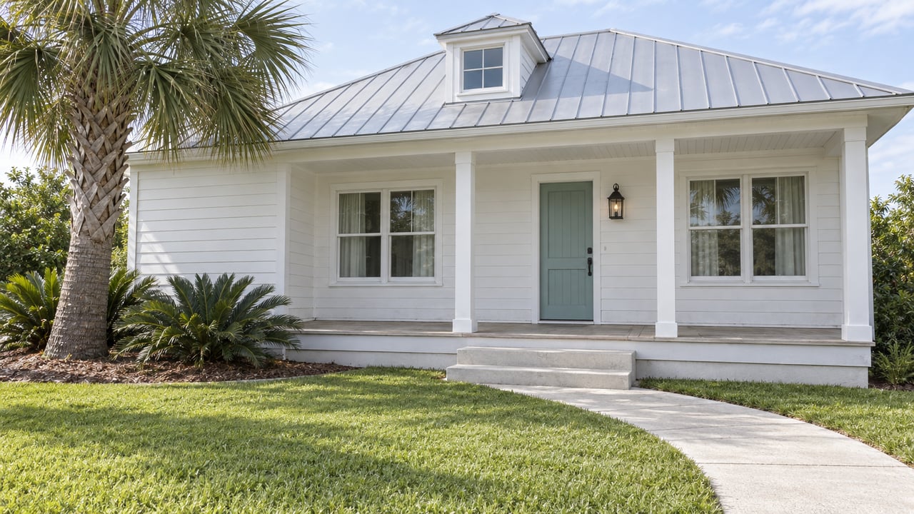 White clapboard home with a silver metal roof, aqua front door, covered porch and deep green lawn beside a mature palm.