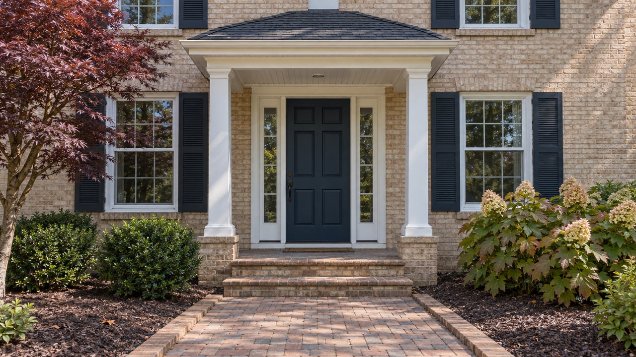 Buff-brick home with a white-columned entry, navy front door, brick steps, and autumn ornamental planting.