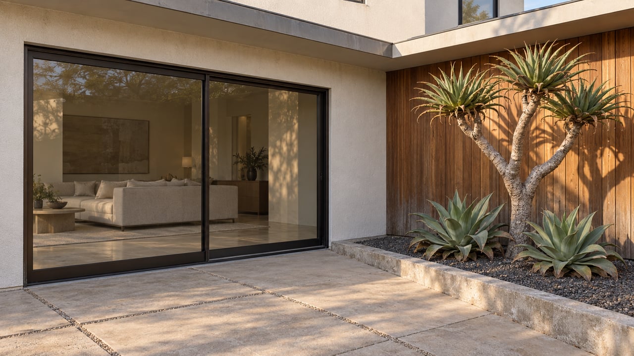 A compact courtyard beside a contemporary stucco home, with closed bronze-framed glass doors, weathered cedar, and sculptural aloe and agave planting.