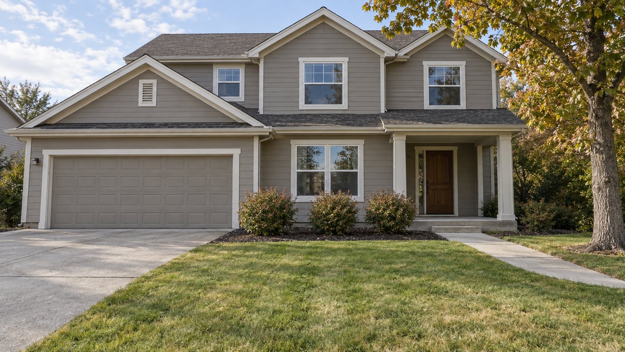 Two-story gray-sided home with gabled roof, attached garage, broad front lawn and an autumn oak beside the entry.