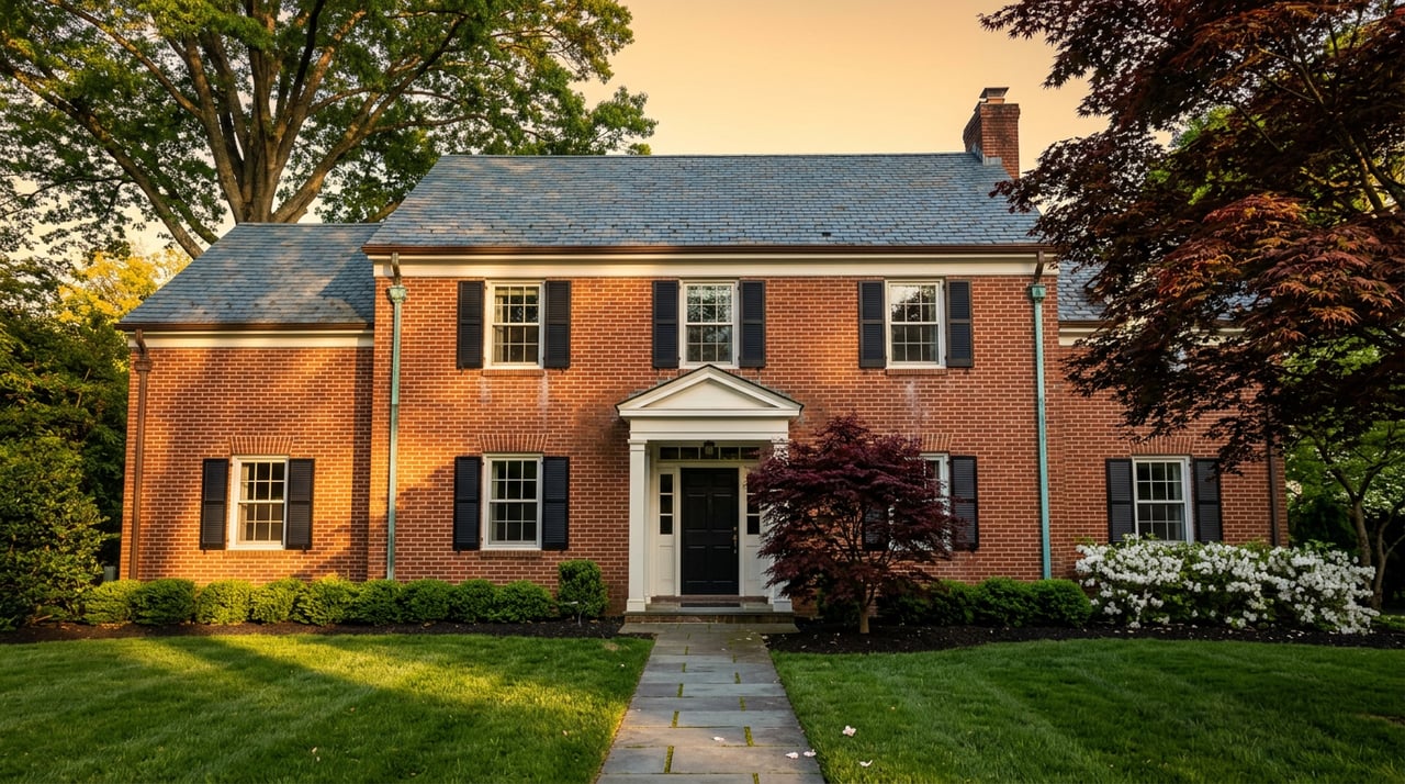 Two-story red-brick home with a white-columned portico, flanked by mature trees and a bluestone walkway.