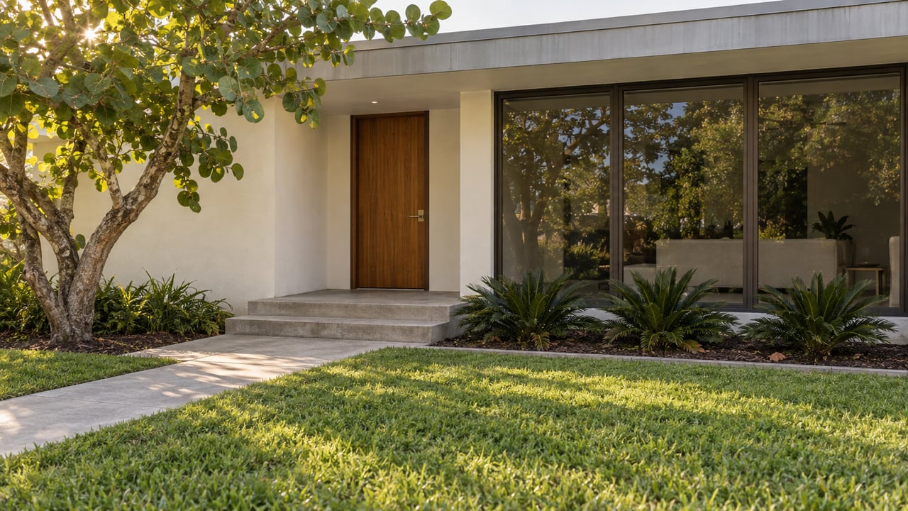 Warm-white coastal home with a recessed teak entry, bronze-framed windows, sea-grape tree, and a concrete walk across a deep lawn.
