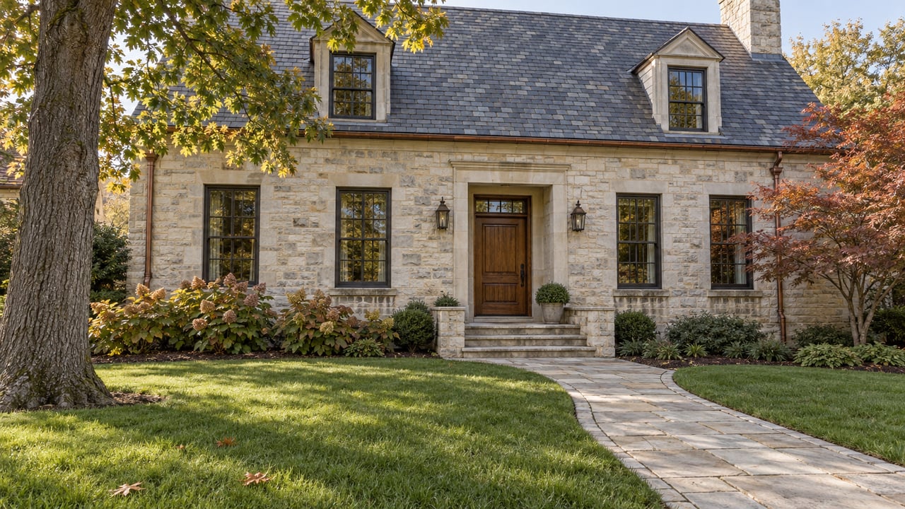 A limestone home with a slate roof and recessed oak entrance beyond a deep lawn and curving stone walk, framed by mature oak and autumn garden planting.