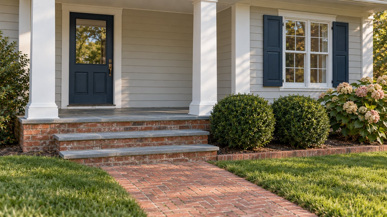 A light clapboard home with a covered bluestone porch, blue shutters, brick approach and flowering hydrangea in afternoon light.