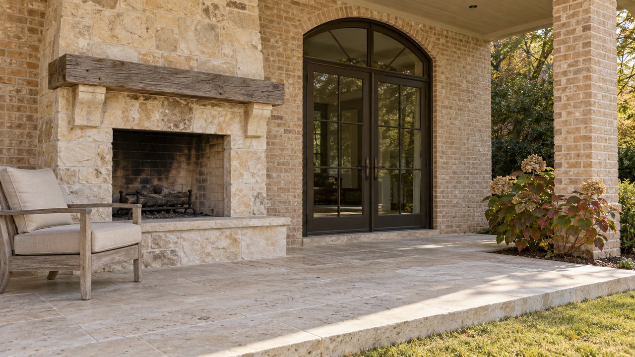 Stone patio with a large fireplace, glass doors, and a wooden chair.