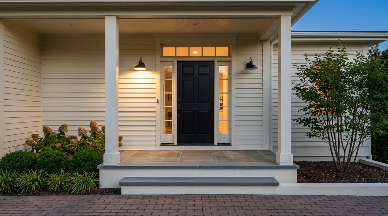 Black paneled front door with glowing sidelights, bluestone steps, white porch posts, and clipped shrubs at twilight.