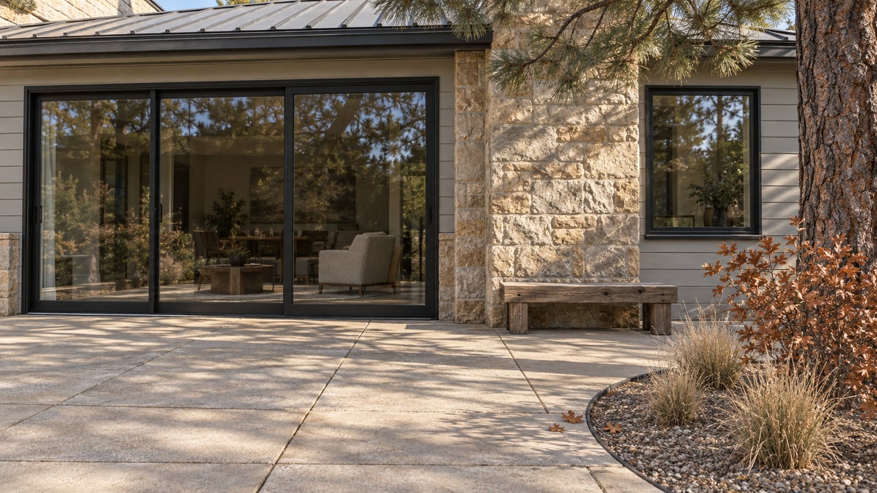 Autumn sunlight crosses a sandstone and pale-sided home’s rear terrace, with closed black-framed glass doors, an oak bench, and dry native planting.